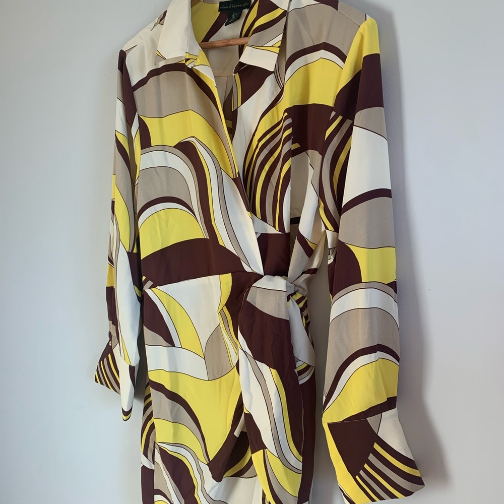 House of Harlow 1960 Yellow and Brown Geometric Wrap Dress Vintage Retro Style - Picture 2 of 6